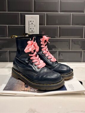 Dr. Martens 1460 Navy Leather Boots with Ribbon Laces